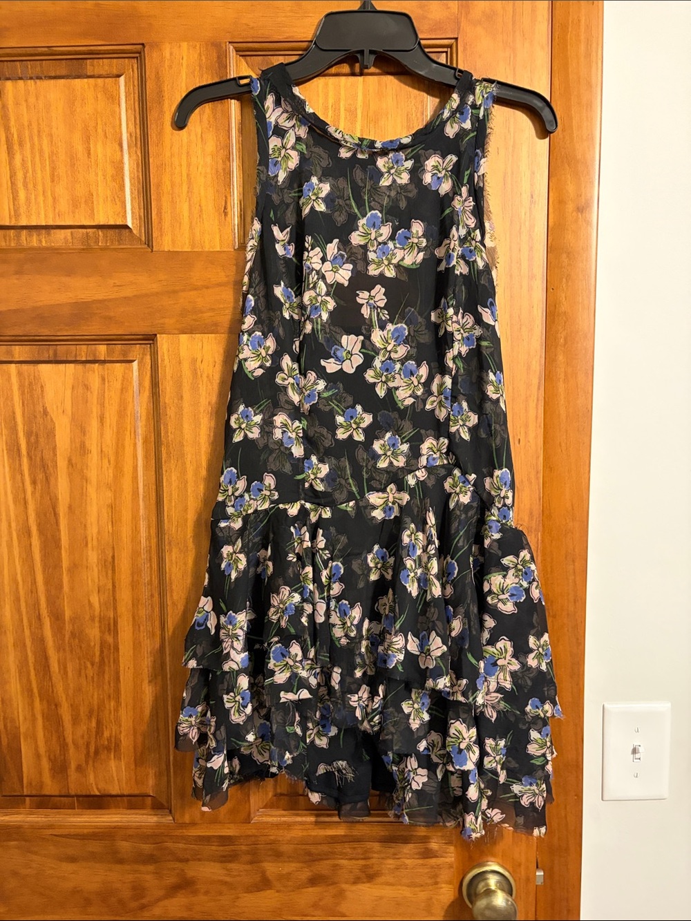 Free People Raven Black Floral Tiered Mini Dress with Blue and Cream Flowers